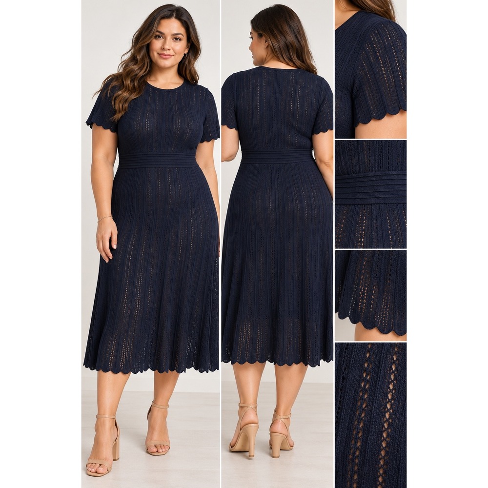NWT Ted Baker XL Navy Pointelle Knit Midi Dress Short Sleeve Fit Flare A Line